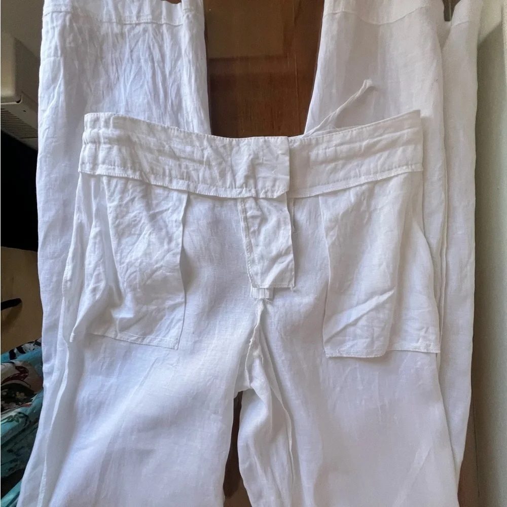 Blue Island Crisp SZ S Semi-Sheer White Linen Trousers.
